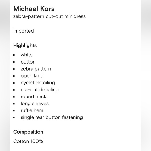 Michael Kors eyelet detailing/zebra pattern cut-out white cotton minidress . - Picture 7 of 10